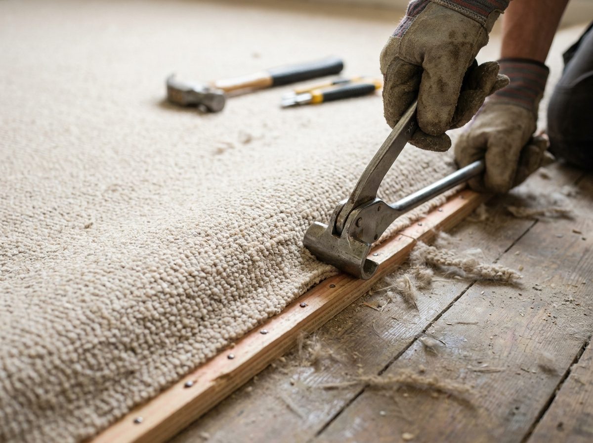 Close-up of a carpet being re-stretched onto a gripper rod