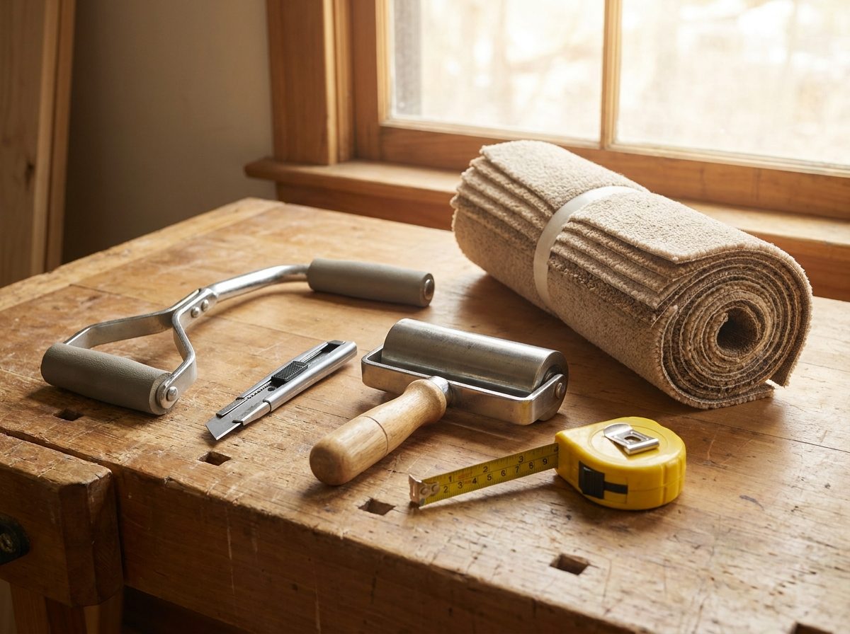 Professional carpet fitting tools laid out on a workbench