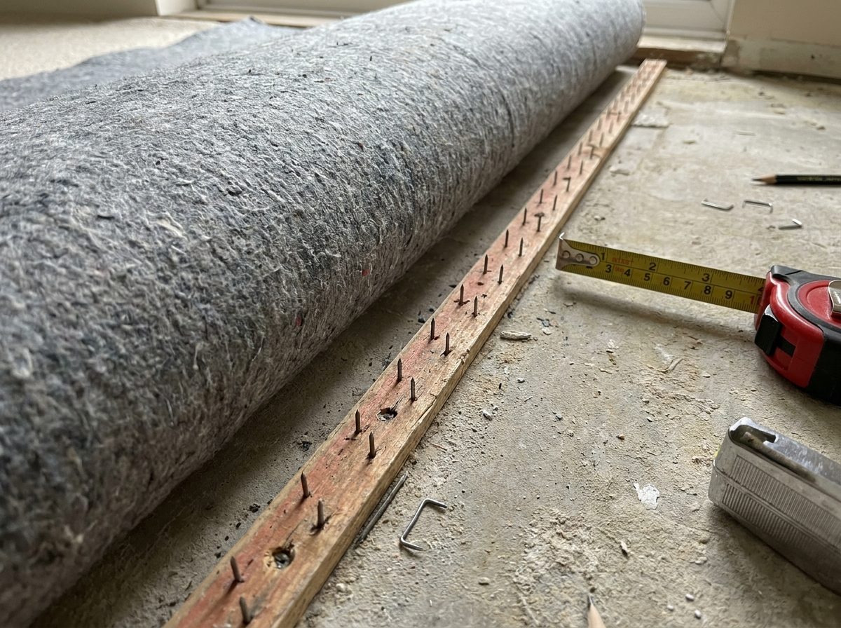 Roll of carpet underlay and gripper rod during installation